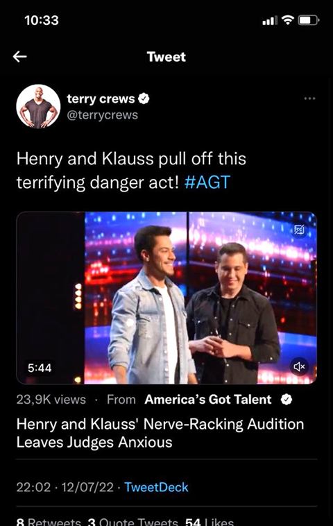 Tweet de Terry Crews sobre Henry & Klauss